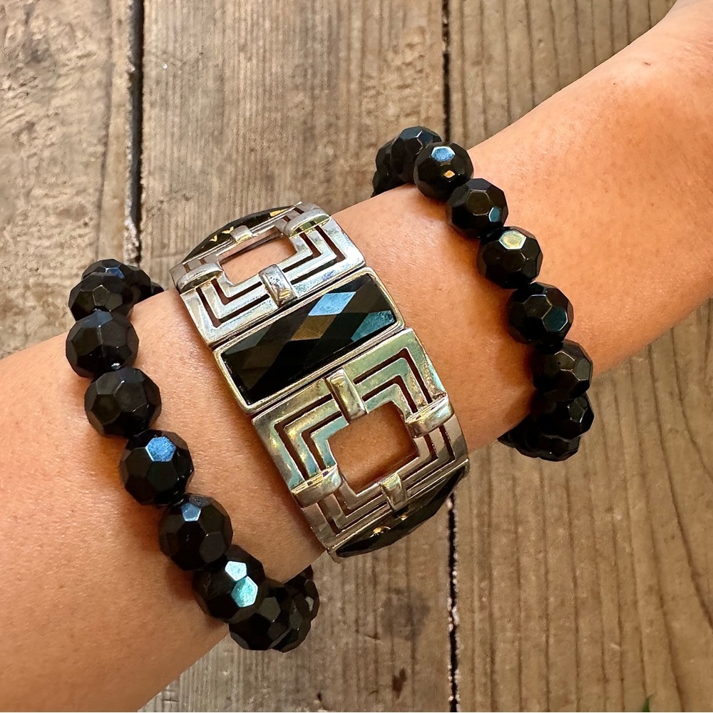 Vintage 🖤 Black & Silver Tone Square Stretch Bracelet Faux Onyx Chunky Art Deco